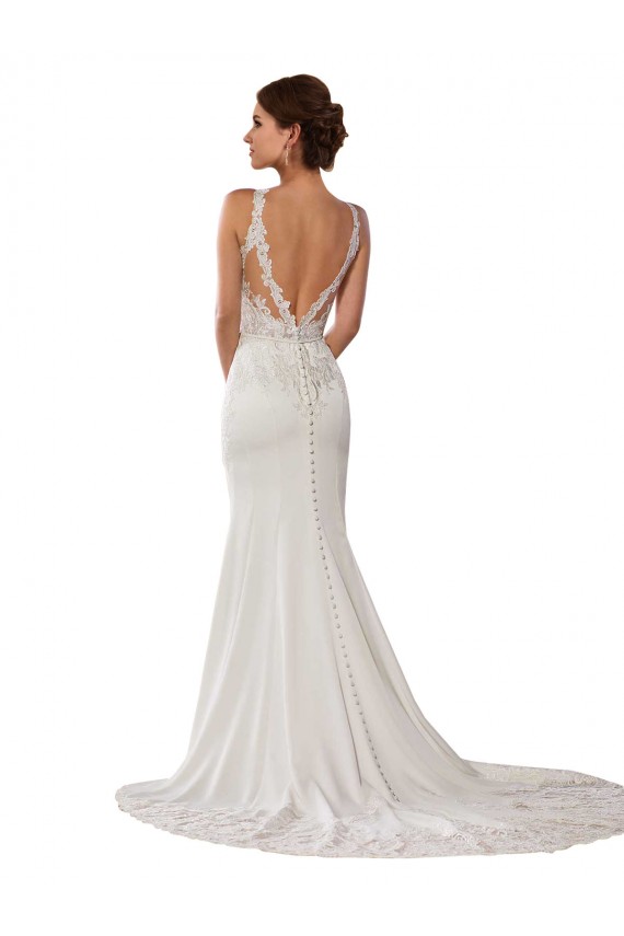 V-Back Ivory Sheath High Neck Chapel Train Modern Wedding Dress Bolton