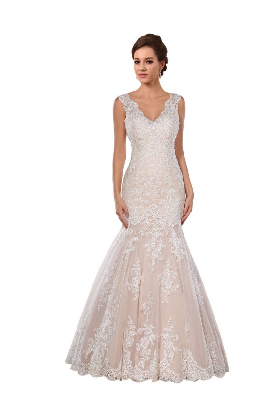 Ivory & Champagne Mermaid V-Neck Chapel Train Modern Wedding Dress Bolton