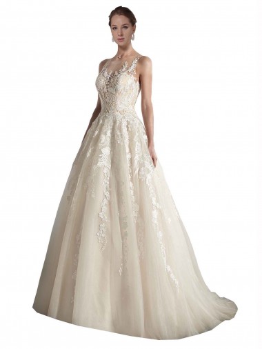 Ivory & Champagne A-Line Illusion Neck Chapel Train Wedding Dress Bolton