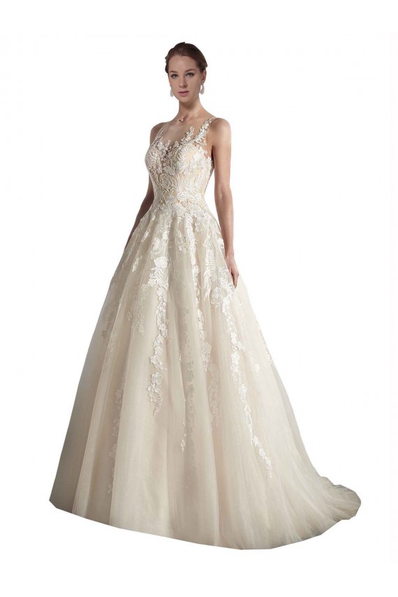 Ivory & Champagne A-Line Illusion Neck Chapel Train Wedding Dress Bolton