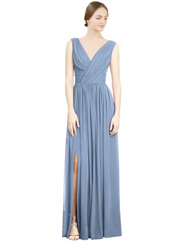 Dusty Blue A-Line V-Neck Long Semi Formal Evening Dress / Bridesmaid Dress Bolton