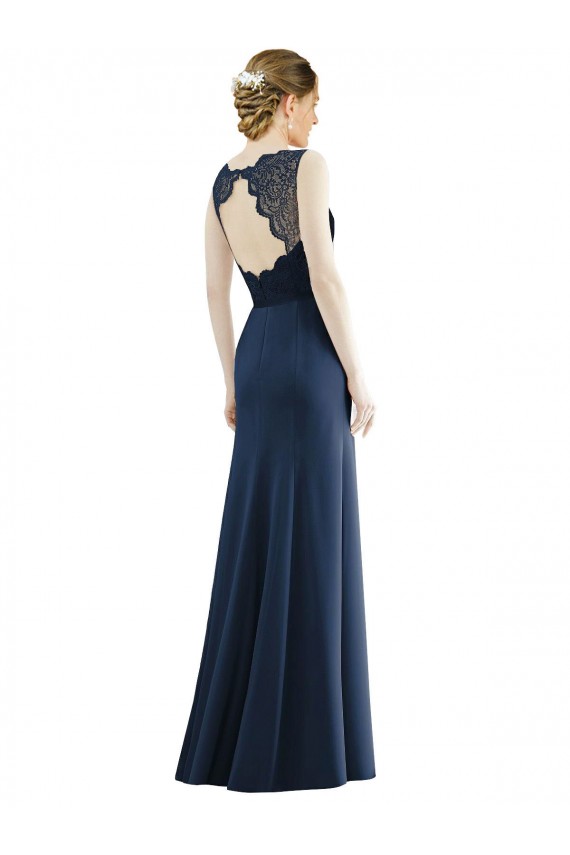 Dark Navy Mermaid Illusion Neck Long Bridesmaid Dress Bolton