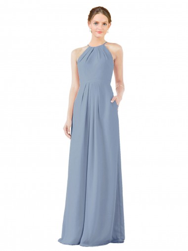 Keyhole Back Dusty Blue Sheath High Neck Long Bridesmaid Dress Bolton