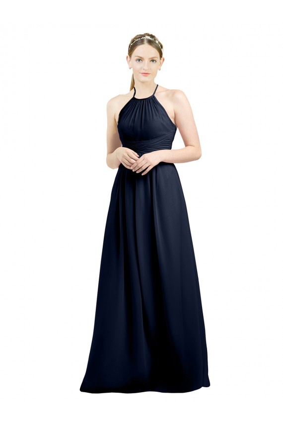Open Back Dark Navy A-Line High Neck Long Evening Gowns / Bridesmaid Dress Bolton