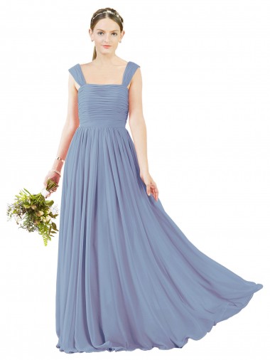 Open Back Dusty Blue A-Line Square Neck Long Bridesmaid Dress Bolton