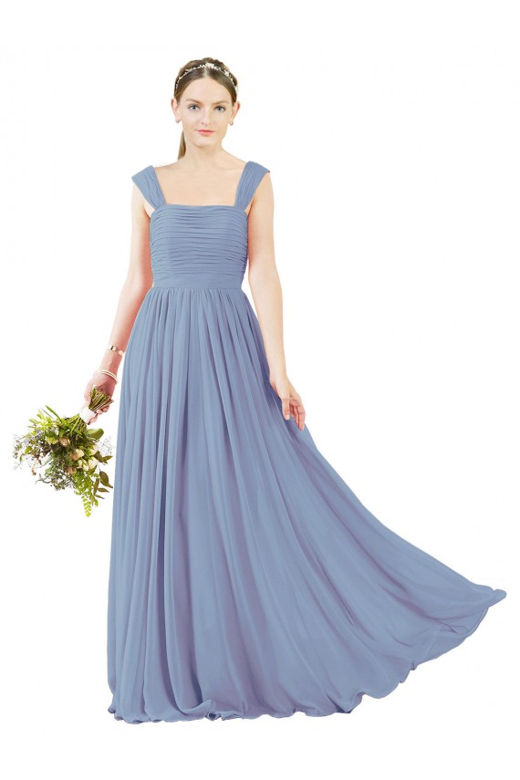 Open Back Dusty Blue A-Line Square Neck Long Bridesmaid Dress Bolton