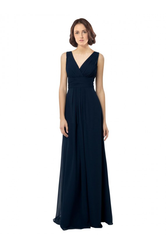 V-Back Dark Navy A-Line V-Neck Long Bridal Party Dress Bolton