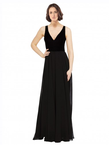V-Back Black A-Line V-Neck Sleeveless Long Prom Dress / Bridesmaid Dress Bolton