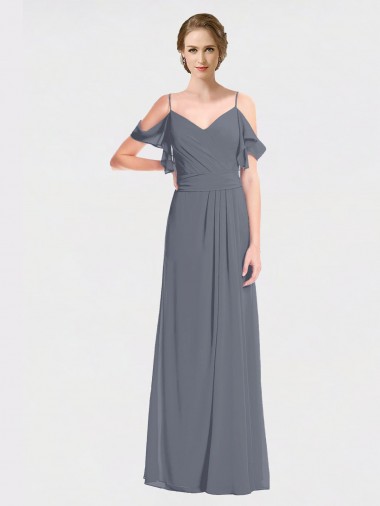 V-Back Slate Grey A-Line V-Neck Long Bridesmaid Dress Bolton
