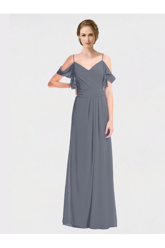 V-Back Slate Grey A-Line V-Neck Long Bridesmaid Dress Bolton