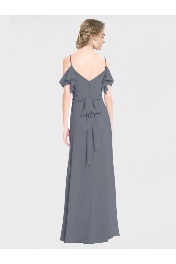 V-Back Slate Grey A-Line V-Neck Long Bridesmaid Dress Bolton