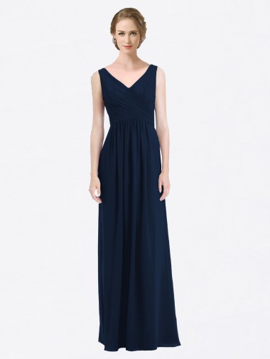 Low Back Dark Navy A-Line V-Neck Long Evening Gowns / Bridesmaid Dress Bolton