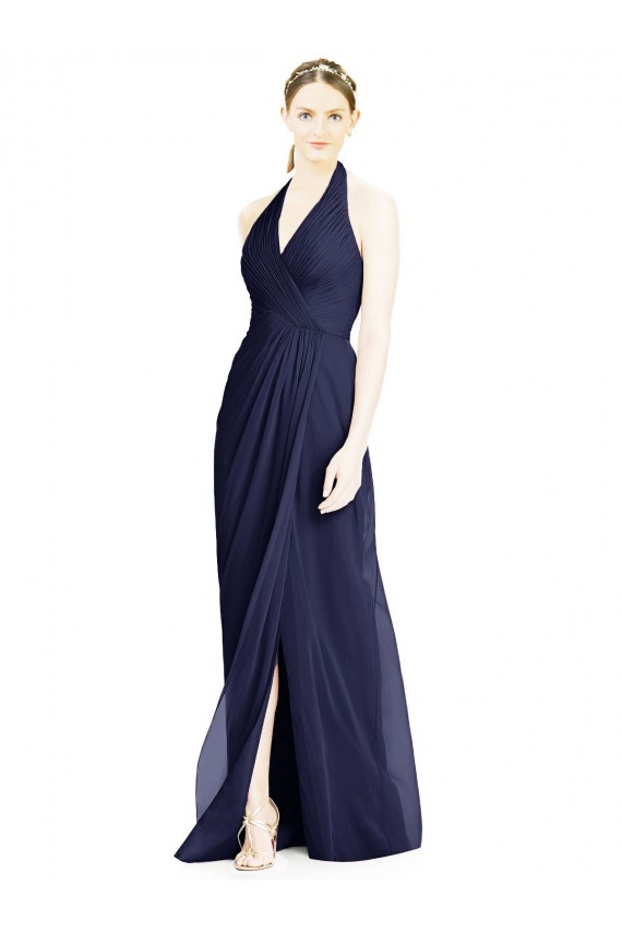 Open Back Dark Navy A-Line V-Neck Long Formal Dress / Bridesmaid Dress Bolton