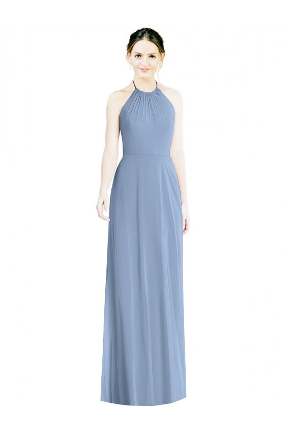 Low Back Dusty Blue A-Line Halter Neck Long Floor Length Bridesmaid Dress Bolton