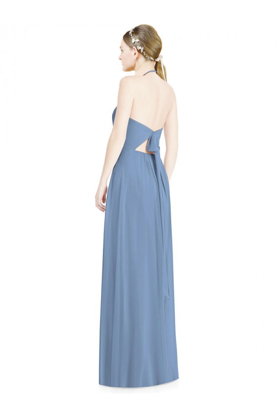 Low Back Dusty Blue A-Line Halter Neck Long Floor Length Bridesmaid Dress Bolton