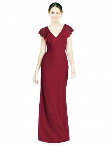 V-Back Burgundy Trumpet V-Neck Long Bridesmaid Dress Bolton