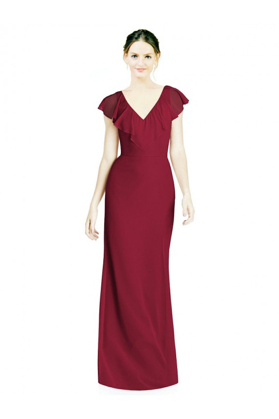 V-Back Burgundy Trumpet V-Neck Long Bridesmaid Dress Bolton