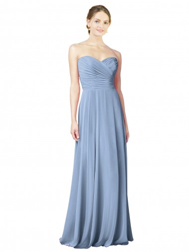 Low Back Dusty Blue A-Line Strapless Long Wedding Party Dress Bolton