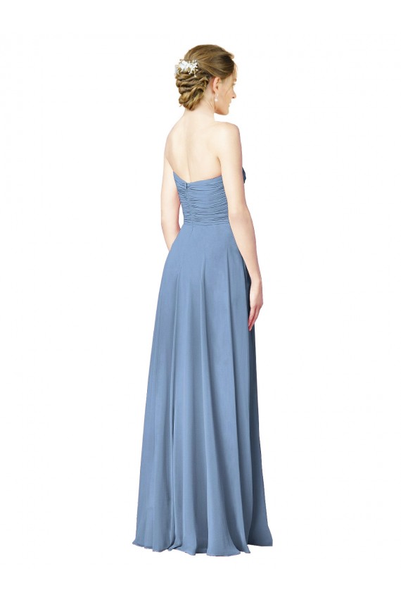 Low Back Dusty Blue A-Line Strapless Long Wedding Party Dress Bolton