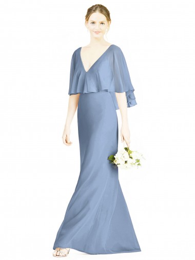 Dusty Blue Trumpet V-Neck Long Bridesmaid Dress Bolton