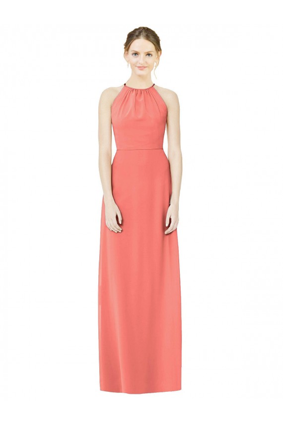 Keyhole Back Coral A-Line Halter Neck Long Bridesmaid Dress Bolton