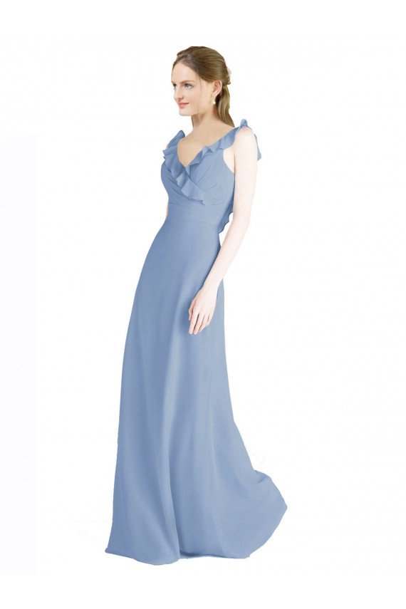 Open Back Dusty Blue A-Line V-Neck Long Floor Length Bridesmaid Dress Bolton
