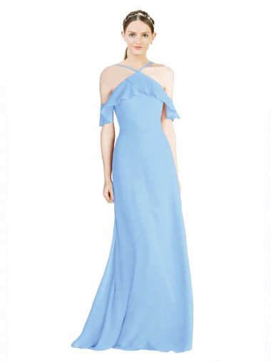Low Back Periwinkle A-Line Halter Neck Long Formal Dress / Bridesmaid Dress Bolton