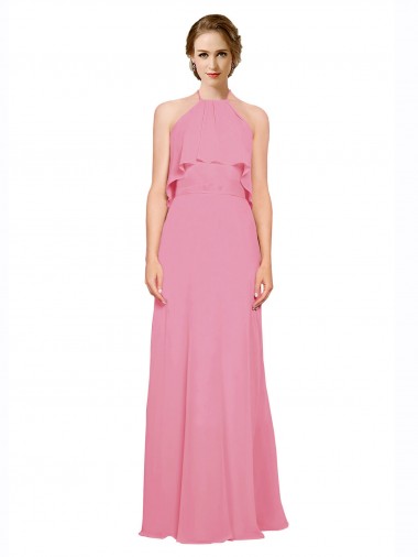 Low Back Skin Pink A-Line High Neck Long Bridesmaid Dress Bolton
