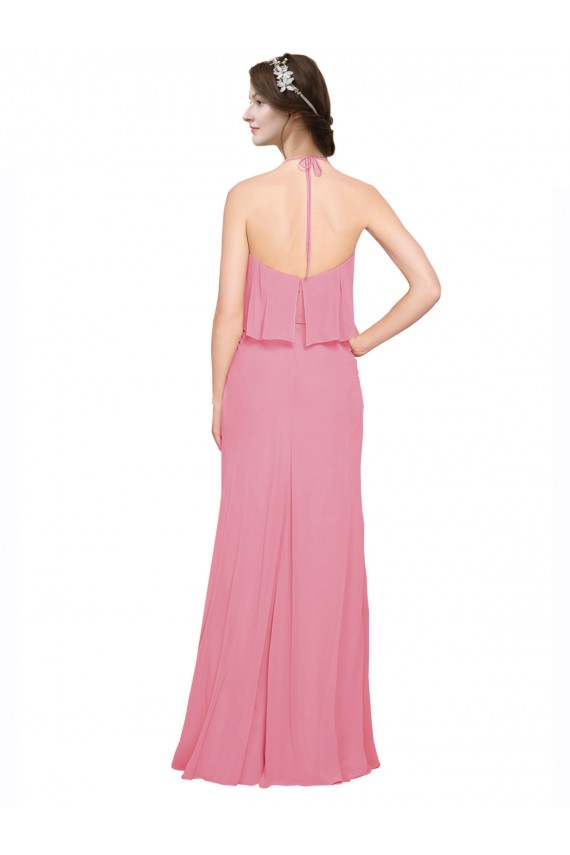 Low Back Skin Pink A-Line High Neck Long Bridesmaid Dress Bolton