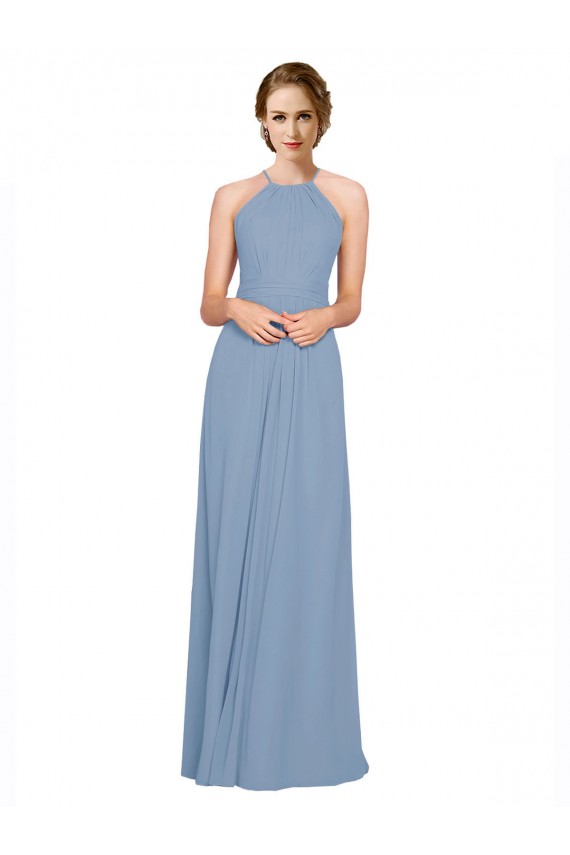 Open Back Dusty Blue A-Line High Neck Long Bridesmaid Dress / Evening Dress Bolton