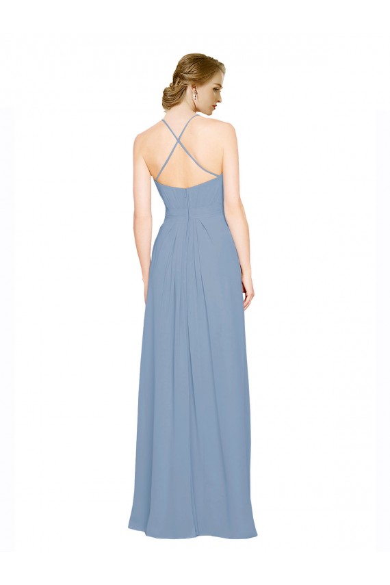 Open Back Dusty Blue A-Line High Neck Long Bridesmaid Dress / Evening Dress Bolton