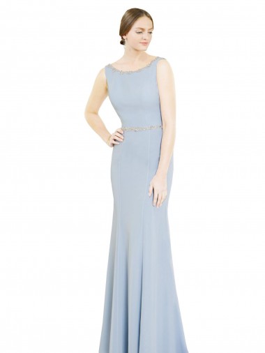 Low Back Light Sky Blue A-Line High Neck Long Bridesmaid Dress Bolton
