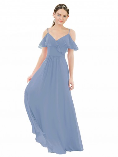 Dusty Blue A-Line V-Neck Long Bridesmaid Dress Bolton