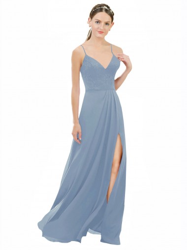 Keyhole Back Dusty Blue A-Line V-Neck Long Bridesmaid Dress Bolton