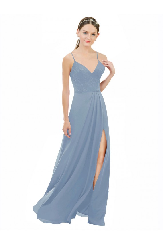Keyhole Back Dusty Blue A-Line V-Neck Long Bridesmaid Dress Bolton