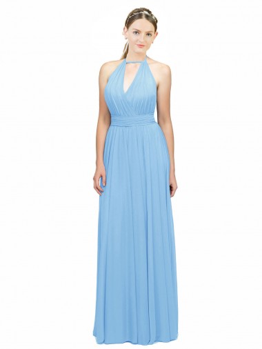 Low Back Periwinkle A-Line Halter Neck Long Bridesmaid Dress Bolton