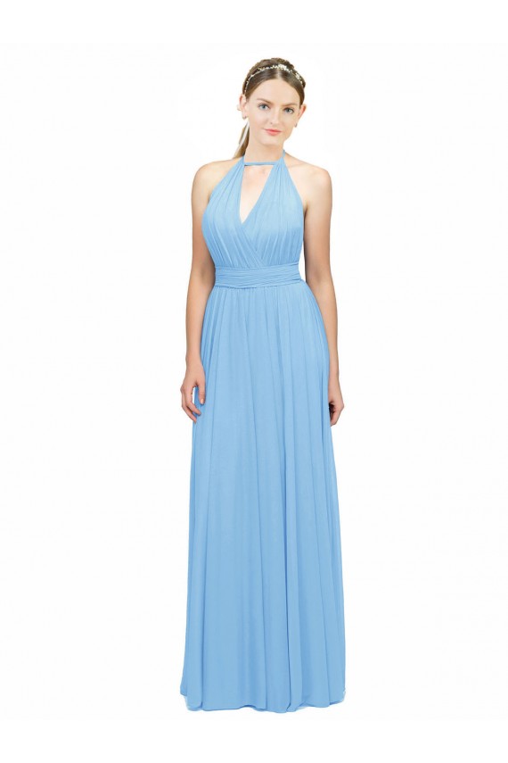 Low Back Periwinkle A-Line Halter Neck Long Bridesmaid Dress Bolton