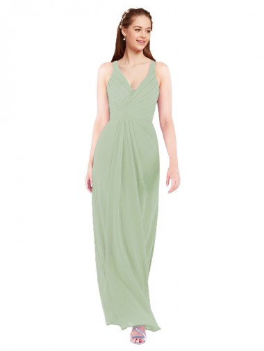 Keyhole Back Smoke Green Sheath V-Neck Long Bridesmaid Dress Bolton
