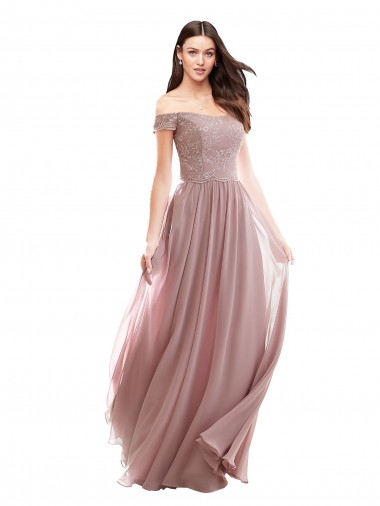 Pink A-Line Off the Shoulder Cap Sleeves Long Bridesmaid Dress Bolton