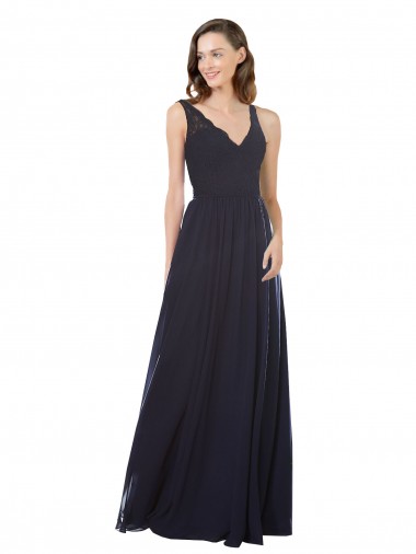 Keyhole Back Dark Navy A-Line V-Neck Long Bridesmaid Dress Bolton