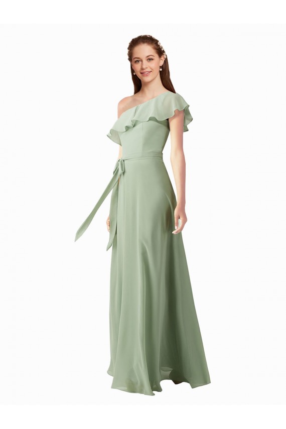 Smoke Green A-Line One Shoulder Long Bridesmaid Dress Bolton