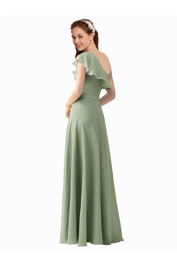 Smoke Green A-Line One Shoulder Long Bridesmaid Dress Bolton