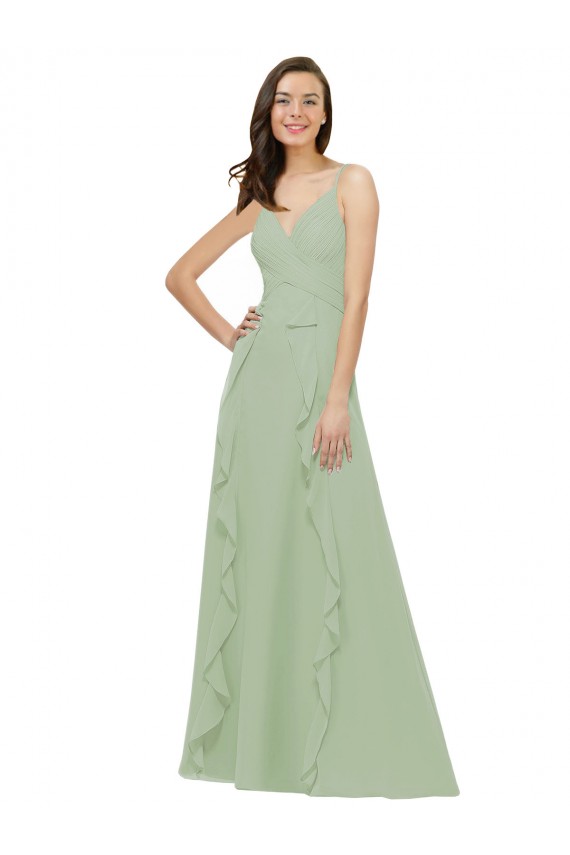 Smoke Green A-Line V-Neck Long Bridesmaid Dress Bolton