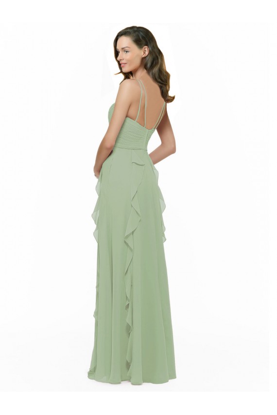 Smoke Green A-Line V-Neck Long Bridesmaid Dress Bolton