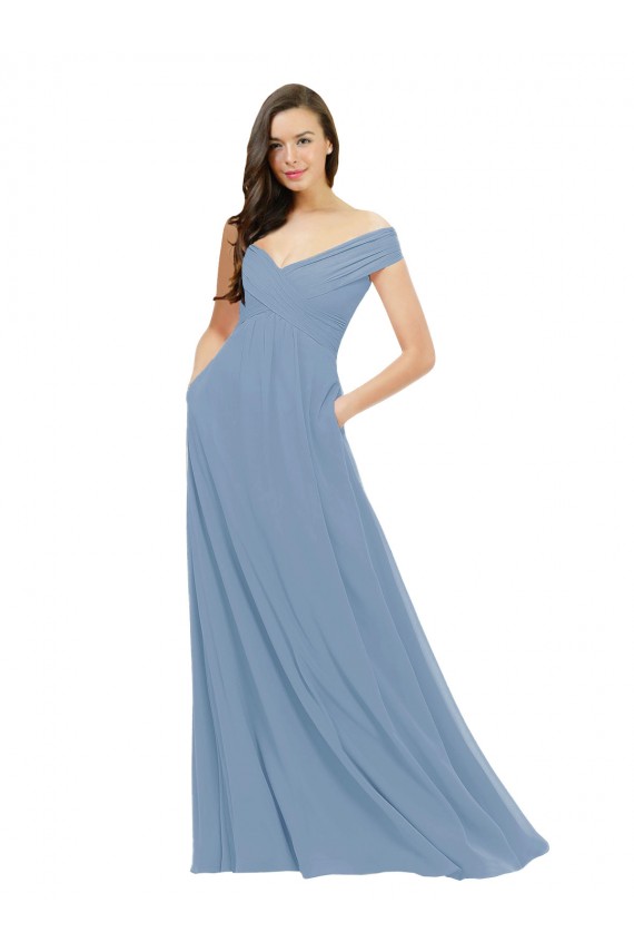Dusty Blue A-Line Off the Shoulder Long Bridesmaid Dress / Evening Gowns Bolton