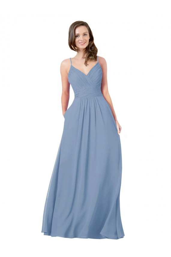 Open Back Dusty Blue A-Line V-Neck Long Bridesmaid Dress / Evening Dress Bolton