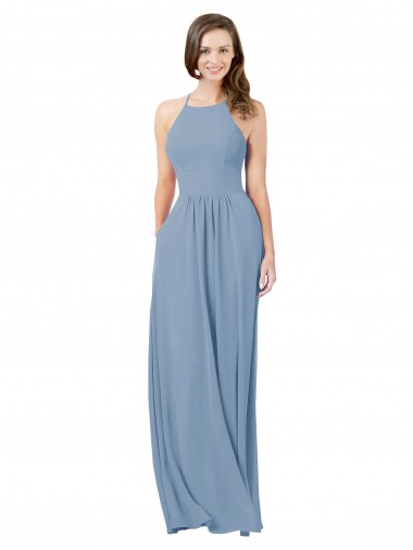 Keyhole Back Dusty Blue A-Line Halter Neck Long Bridesmaid Gowns Bolton
