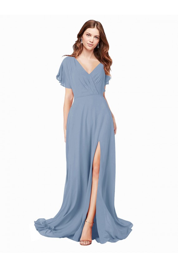 Dusty Blue A-Line V-Neck Long Black Tie Prom Dress / Bridesmaid Dress Bolton