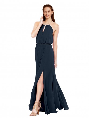Open Back Dark Navy A-Line Halter Neck Long Bridesmaid Dress / Evening Dress Bolton
