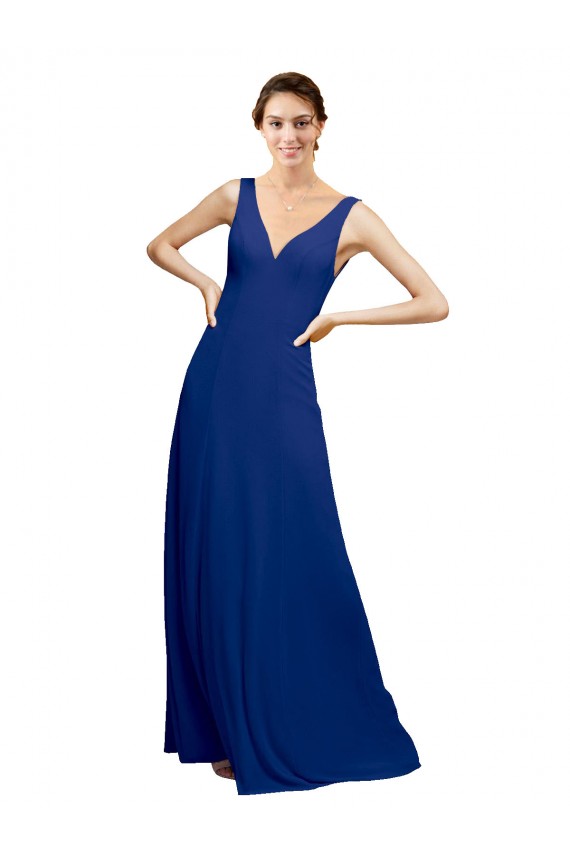 Low Back Royal Blue A-Line V-Neck Long Floor Length Bridesmaid Dress Bolton